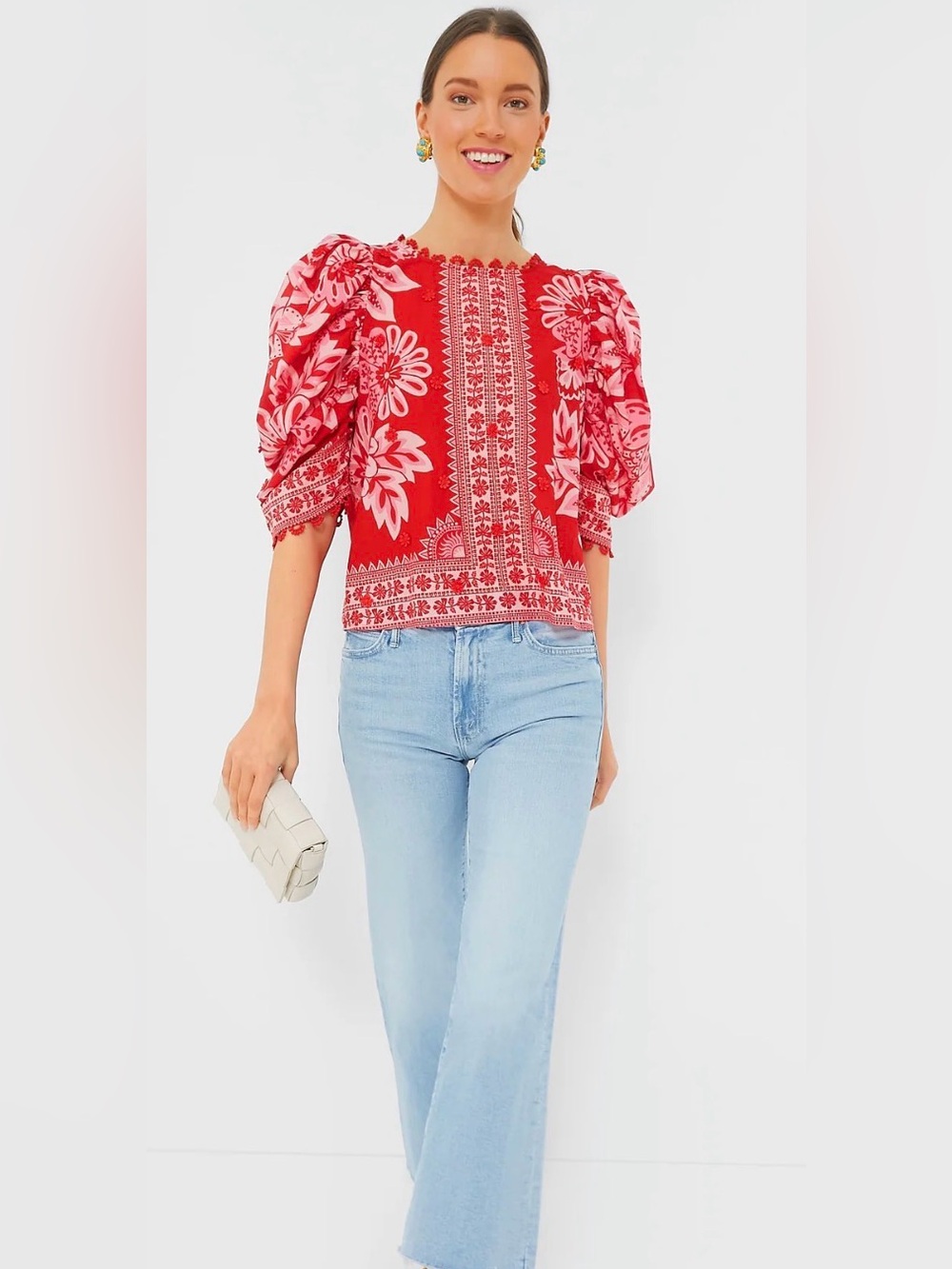 Red Flora Tapestry Embroidered Puff-Sleeve Top NWT - Picture 5 of 11